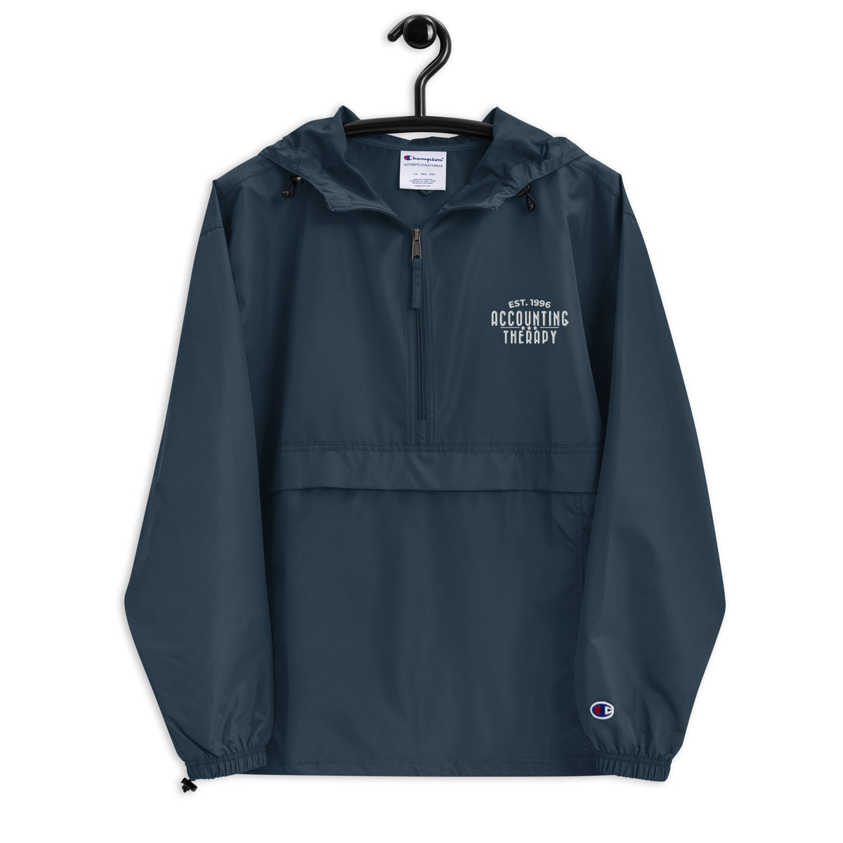 Product mockup - Front view of a navy embroidered Champion packable jacket showing a lightweight hooded pullover with half-zip and front pocket