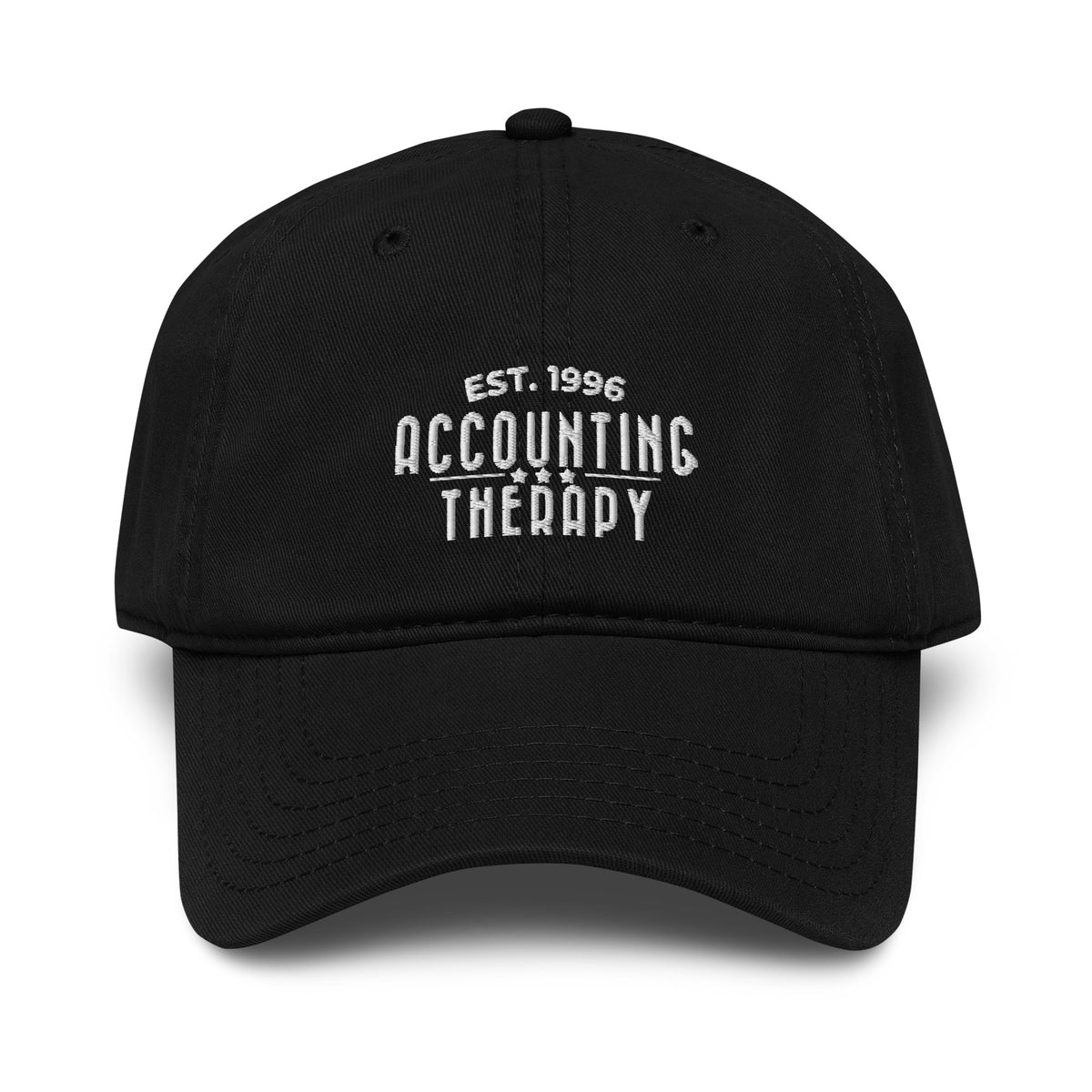 Product mockup - Front view of a black OTTO cap showing a low-profile unstructured baseball hat with curved brim
