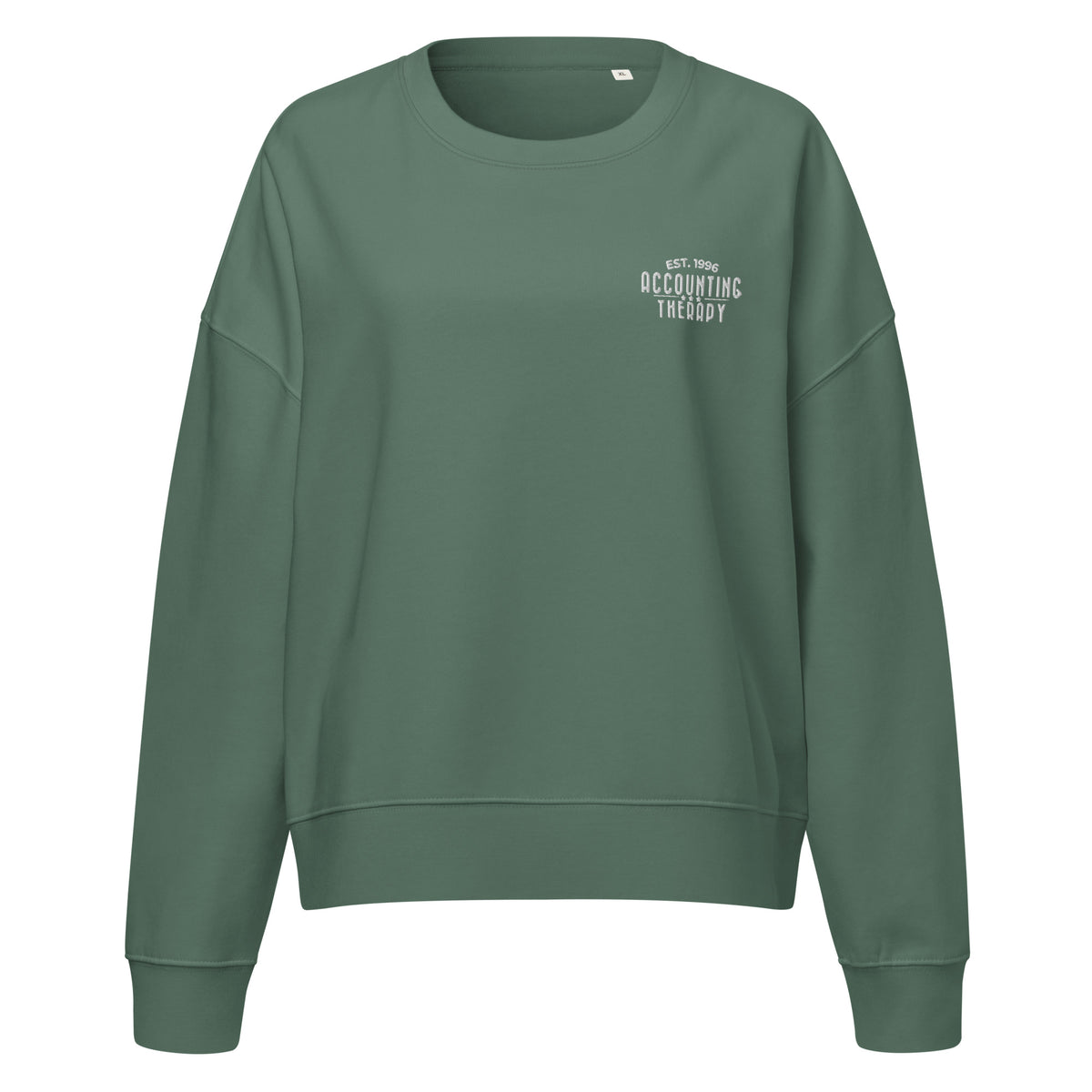 Product mockup - Front view of a green women’s organic crew neck sweatshirt with a classic fit and long sleeves